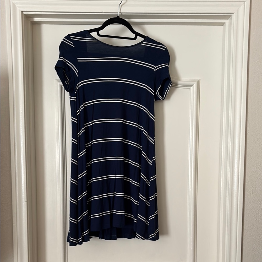 Navy Striped Short Sleeve Dress with Deep V Back